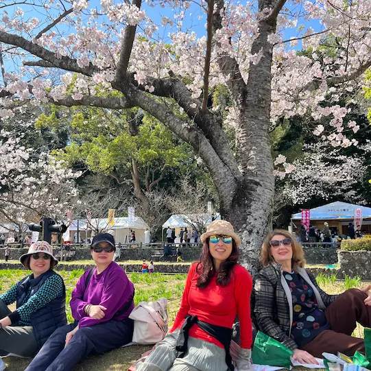 A group resting under a cherry tree